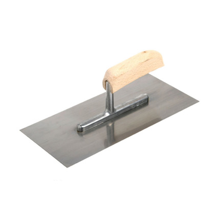 Handverktyg med trähandtag och rektangulär metallplatta, troligen en murslev.
