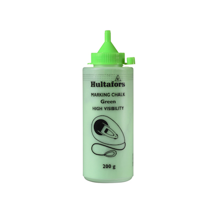 Grön flaska med texten "Hultafors Marking Chalk Green High Visibility 200 g" och en illustration av en snörslå.