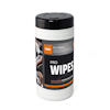 Vit förpackning av rengöringsdukar med svart lock, märkningen "Pro Wipes" och "Dual Sided Scrub and Clean".
