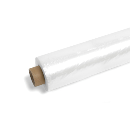 Vit plastfilm på rulle med kartongkärna, delvis avrullad.
