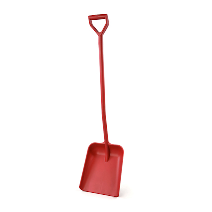 Röd skyffel med D-format handtag och rektangulär blad.