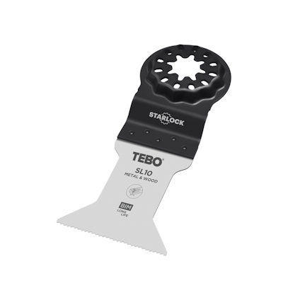 Sågblad med texten "TEBO SL10 METAL & WOOD" och "BIM LONG LIFE" på en metallisk yta med svart fäste.