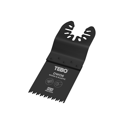Svart sågbilaga med märket "TEBO" och texten "DW06 Wood & Plastic" synlig. Har tandad kant för skärning.