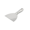 Spackelspade i rostfritt stål med rundat blad och ergonomiskt handtag.