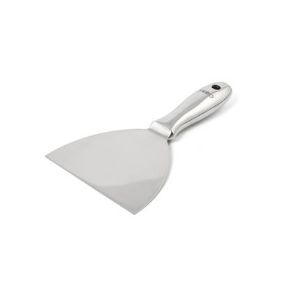 Spackelspade i rostfritt stål med rundat blad och ergonomiskt handtag.