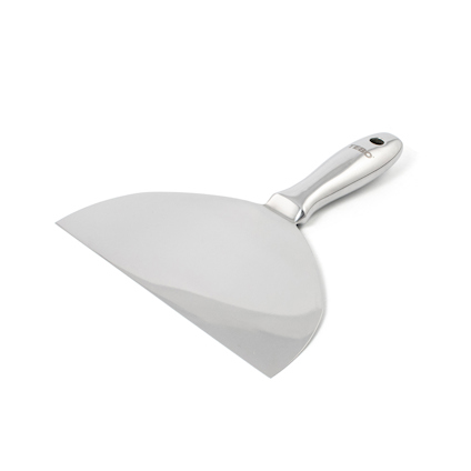 Spackelspade i metall med ergonomiskt handtag och hål för upphängning.