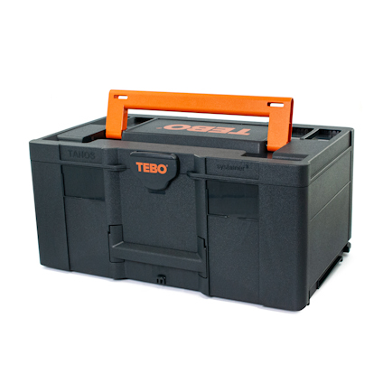 Svart verktygslåda med orange handtag och logotypen "TEBO" på framsidan.