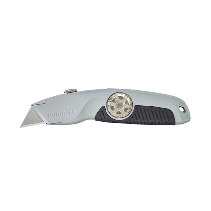 Universalkniv med grått handtag och svart greppsektion. Märkeslogotyp synlig på sidan.