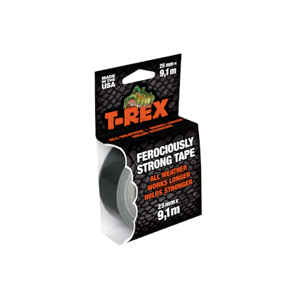 Förpackning av T-Rex vävtejp med texten "Ferociously Strong Tape" och "All Weather".