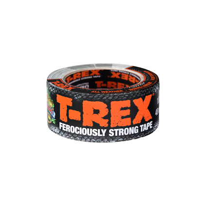 Rulle av silverfärgad vävtejp med svart och orange etikett med texten "T-REX FEROCIOUSLY STRONG TAPE".