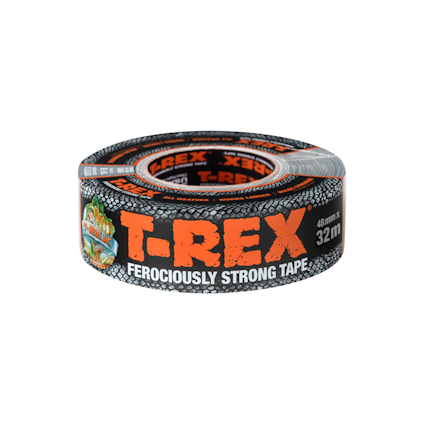 Rulle med svart tejp märkt "T-REX Ferociously Strong Tape 48mm x 32m" i orange text.