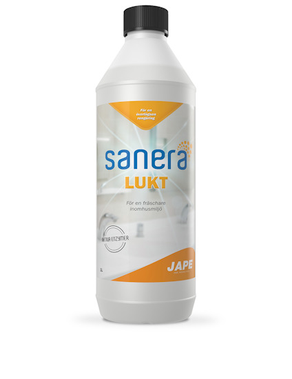 Flaska med etikett text: "sanera LUKT", "För en fräschare inomhusmiljö", "JAPE". Svart skruvkork.