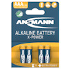 Förpackning med fyra Ansmann AAA alkaliska batterier X-Power 1,5V, med piktogram för klocka, leksak och ficklampa.