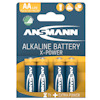 Förpackning med fyra AA-alkaliska batterier från Ansmann, märkta "X-Power", "1.5V", och symboler för kompatibilitet.