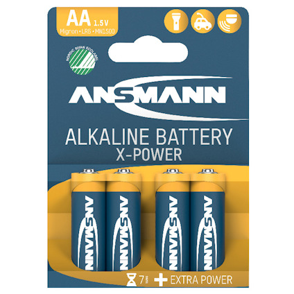Förpackning med fyra AA-alkaliska batterier från Ansmann, märkta "X-Power", "1.5V", och symboler för kompatibilitet.