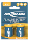 Förpackning med två Ansmann X-Power alkaliska C-batterier, 1,5V, på blå och gul bakgrund.