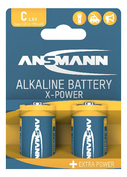 Förpackning med två Ansmann X-Power alkaliska C-batterier, 1,5V, på blå och gul bakgrund.