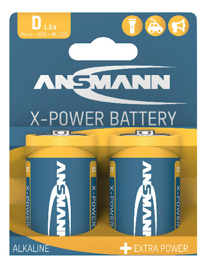 Förpackning med två Ansmann X-Power 1,5V D-batterier, märkta "Extra Power", med orange och blå detaljer.