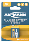 Förpackning med 9V X-Power alkaliskt batteri från Ansmann, med orange och blå design.