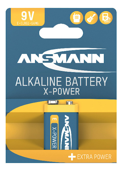 Förpackning med 9V X-Power alkaliskt batteri från Ansmann, med orange och blå design.