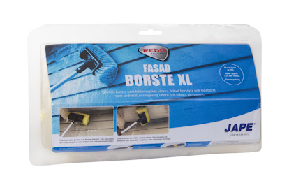 Förpackning med en fasadborste XL och bilder som visar användning. Text: "Fasadborste XL" och "Jape".