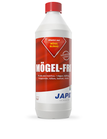 Flaska med rött och vitt etikett, text "Mögel-Fri" och "Effektivt mot mögel". Röd kork. Varumärke "Jape".