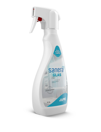 Sprayflaska med etiketttext "sanera GLAS".
