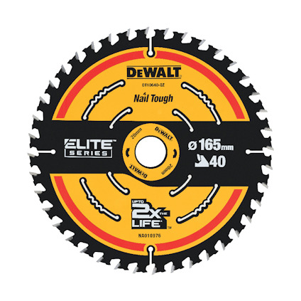 Sågklinga med svart och gul design, märkt "DEWALT Elite Series", med text som anger storlek och typ, "Nail Tough".