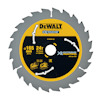 Cirkelsågklinga med gul och svart design, texten "DEWALT EXTREME" och "24T". Klingan har flera tänder och symboler för användningsområden.
