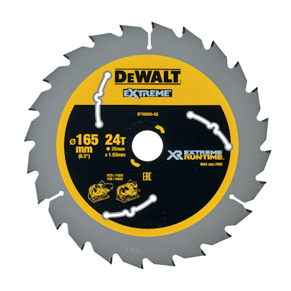 Cirkelsågklinga med gul och svart design, texten "DEWALT EXTREME" och "24T". Klingan har flera tänder och symboler för användningsområden.