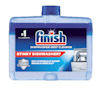 Plastflaska med Finish diskmaskinsrengöring, blå etikett med text: "Stinky dishwasher? Odour removal".