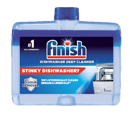Plastflaska med Finish diskmaskinsrengöring, blå etikett med text: "Stinky dishwasher? Odour removal".