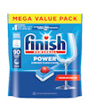Förpackning av Finish Powerball-diskmaskinstabletter, 90 stycken, med texten "Mega Value Pack" och en bild av ett glas.