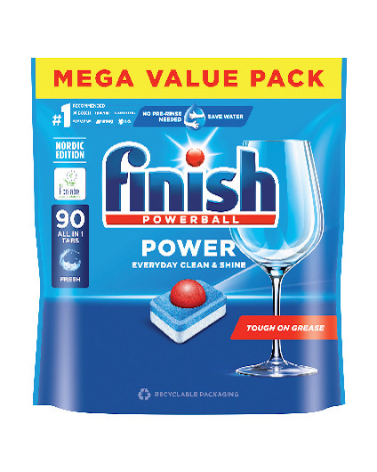 Förpackning av Finish Powerball-diskmaskinstabletter, 90 stycken, med texten "Mega Value Pack" och en bild av ett glas.