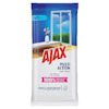 Förpackning av Ajax Multi Action Glass Wipes med bild på fönster och bord med vas. Text: 40 wipes, 100% strimmfri.