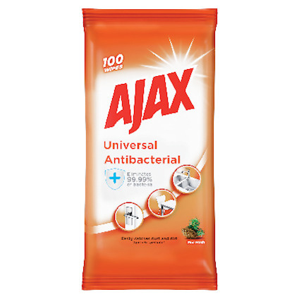 Förpackning av Ajax Universal Antibacterial våtservetter, 100 stycken.