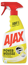 Sprayflaska med röd munstycke och etikett med texten "AJAX Power Mousse Multi Surface Cleans Instantly".