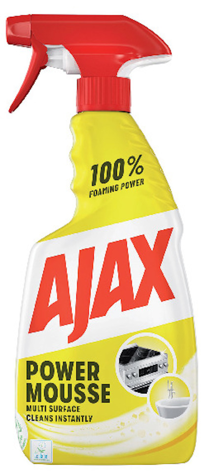 Sprayflaska med röd munstycke och etikett med texten "AJAX Power Mousse Multi Surface Cleans Instantly".