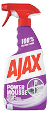Sprayflaska med röd trigger och texten "AJAX POWER MOUSSE" och "100% FOAMING POWER" på etiketten.