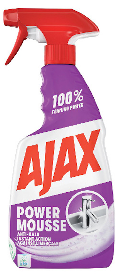 Sprayflaska med röd trigger och texten "AJAX POWER MOUSSE" och "100% FOAMING POWER" på etiketten.