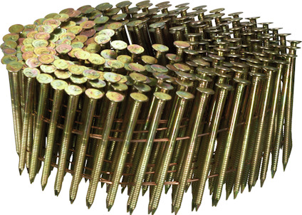 Spiralformad rulle med trådspik i metall, med skruvliknande räfflor och runda huvuden.
