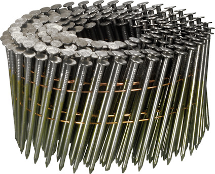 En spiral av sammanlänkade släta spik med platta huvuden i metall.