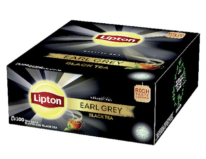 Förpackning Lipton Earl Grey svart te, 100 påsar, med tebladmotiv och texten "Rich Taste & Aroma".