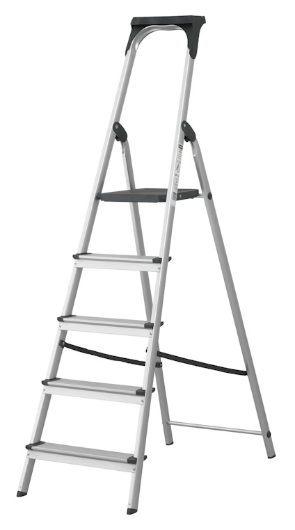 Stege med fem steg och handtag överst, i metall och plast.