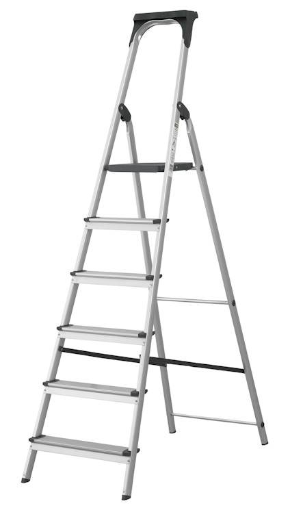 Stege med sex steg och ett handtag vid toppen, tillverkad av metall med svarta detaljer.