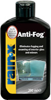 Svart flaska märkt "rain-x Anti-Fog" och "Eliminates fogging and steaming of interior glass and mirrors", 200 ml.