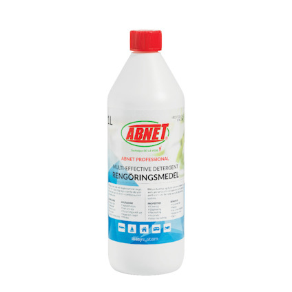 Vit flaska med röd kork, etikett med texten "ABNET PROFESSIONAL RENGÖRINGSMEDEL" och grafiska element.