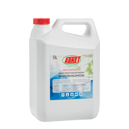 Vit plastbehållare med etikett "ABNET Professional Rengöringsmedel 5L" och en röd skruvlock.