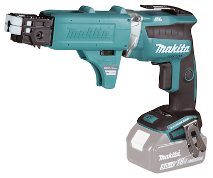 Turkos och svart skruvautomat från Makita med batteri på 18V och 5,0 Ah.