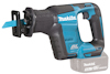 En blå och svart tigersåg märkt "Makita" med silverdetaljer och ett synligt blad framtill.
